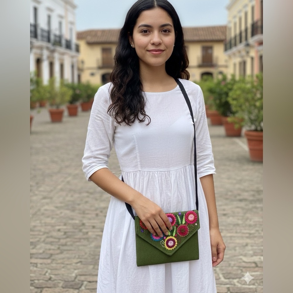Hand Crafted Embroidered Floral Thin Envelope Crossbody Clutch Olive Green Bag - Picture 3 of 10